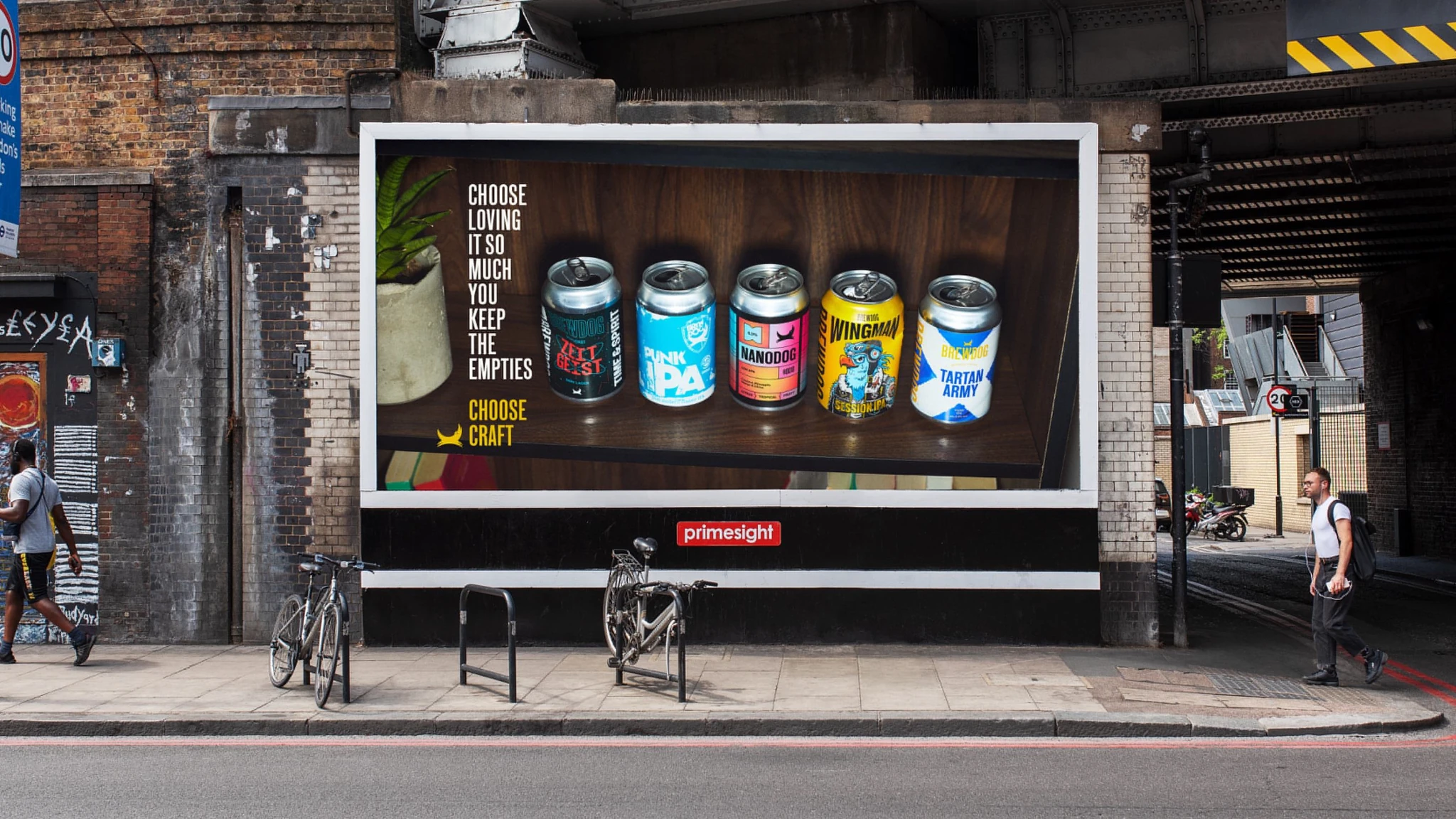 BrewDog Choose Craft outdoor billboard featuring a collection of craft beer cans with the line Choose loving it so much you keep the empties.