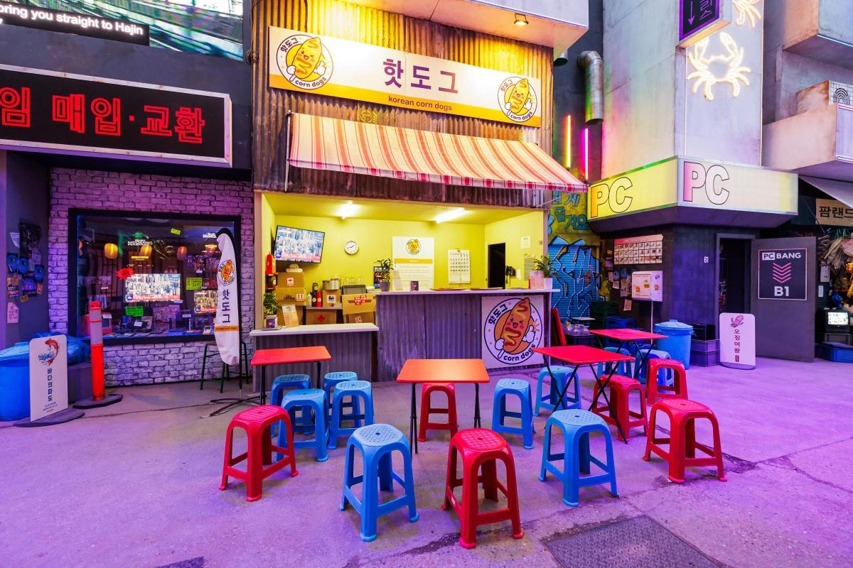 Korean corn dog storefront inside the Call of Duty experiential OOH activation.