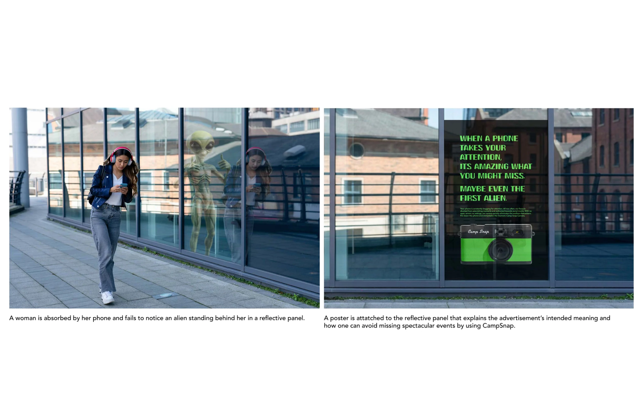 Camp Snap experiential OOH concept showing a woman distracted by her phone while an alien appears behind her in a reflective panel, with a campaign poster explaining the idea.