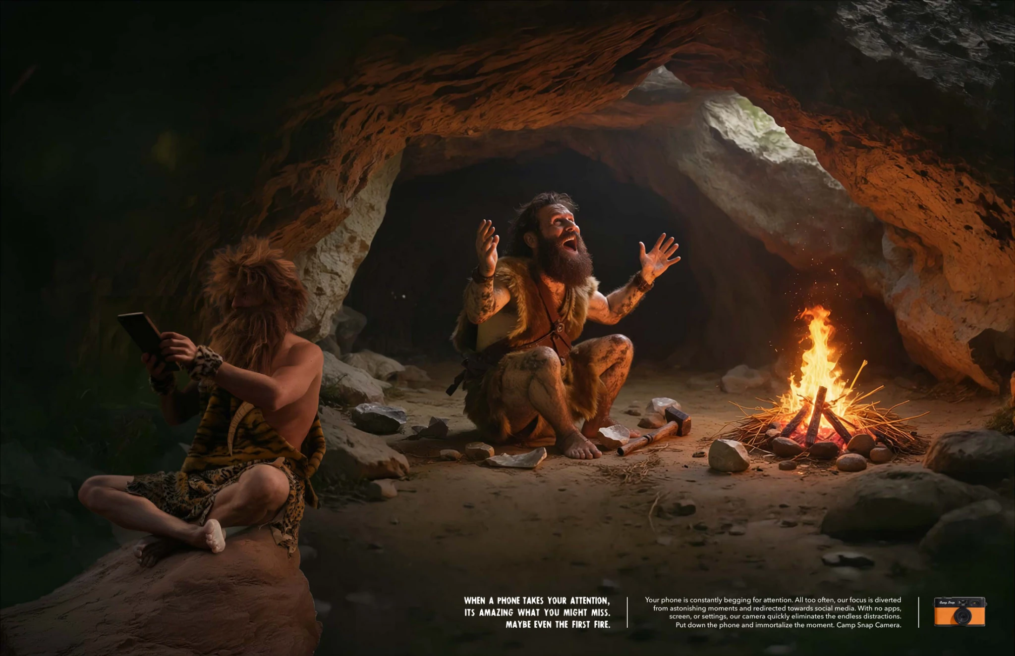 Camp Snap campaign visual showing cavemen in a cave, with one distracted by a device while another reacts to the discovery of fire.
