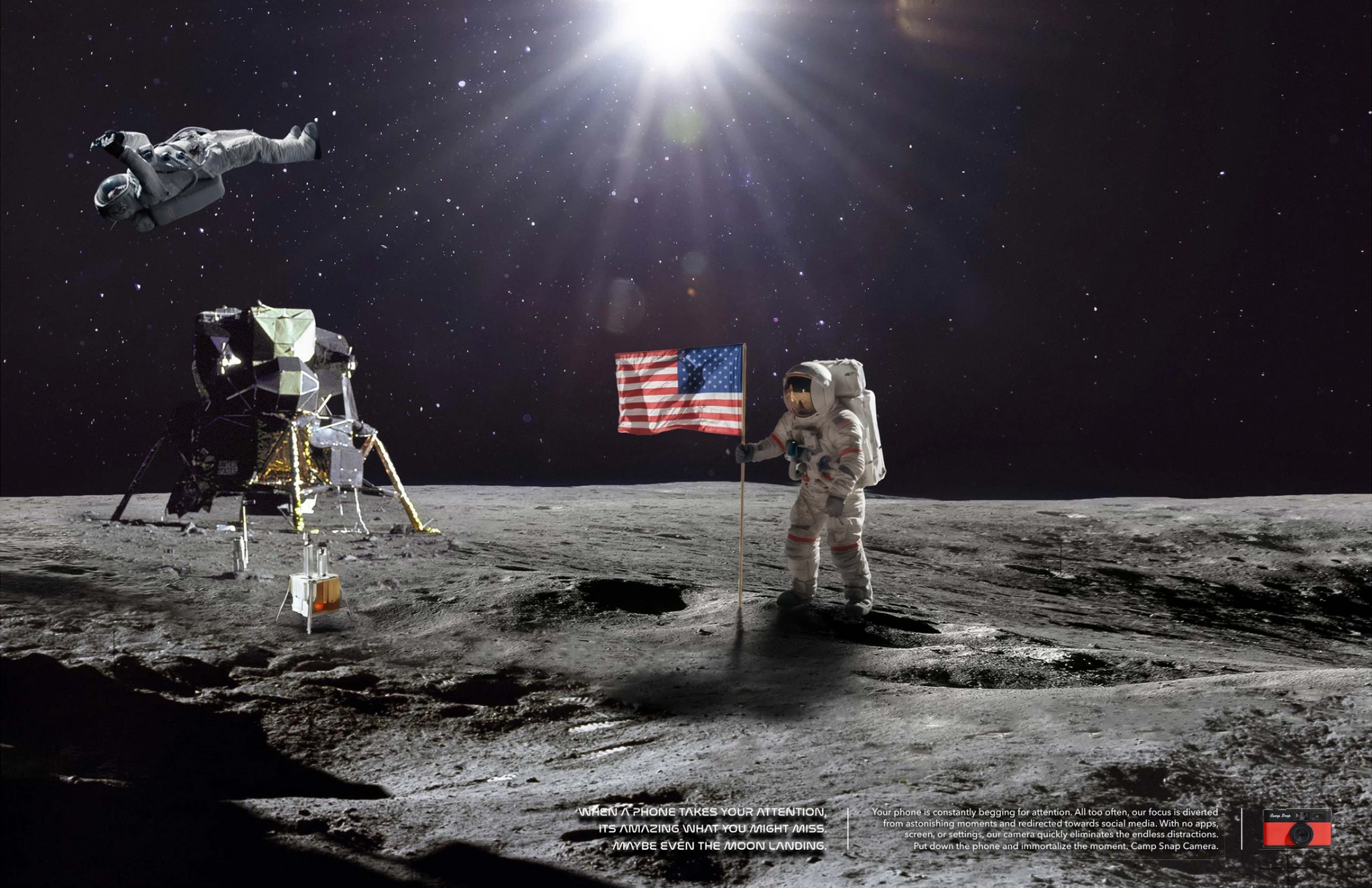 Camp Snap OOH creative depicting the moon landing with an astronaut floating in space, illustrating how phone distraction can make people miss extraordinary moments.