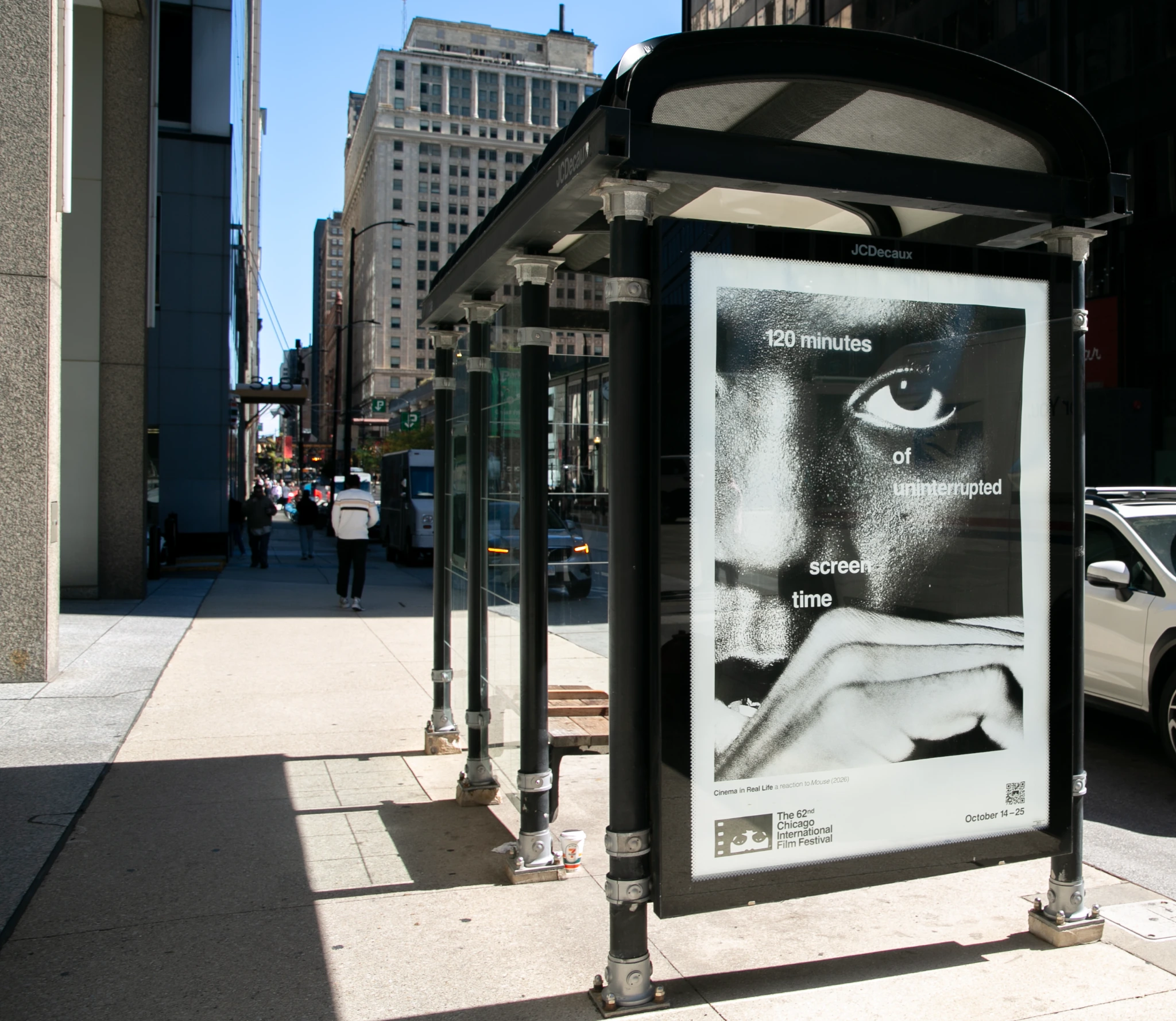 Chicago International Film Festival bus shelter poster reading 120 minutes of uninterrupted screen time.