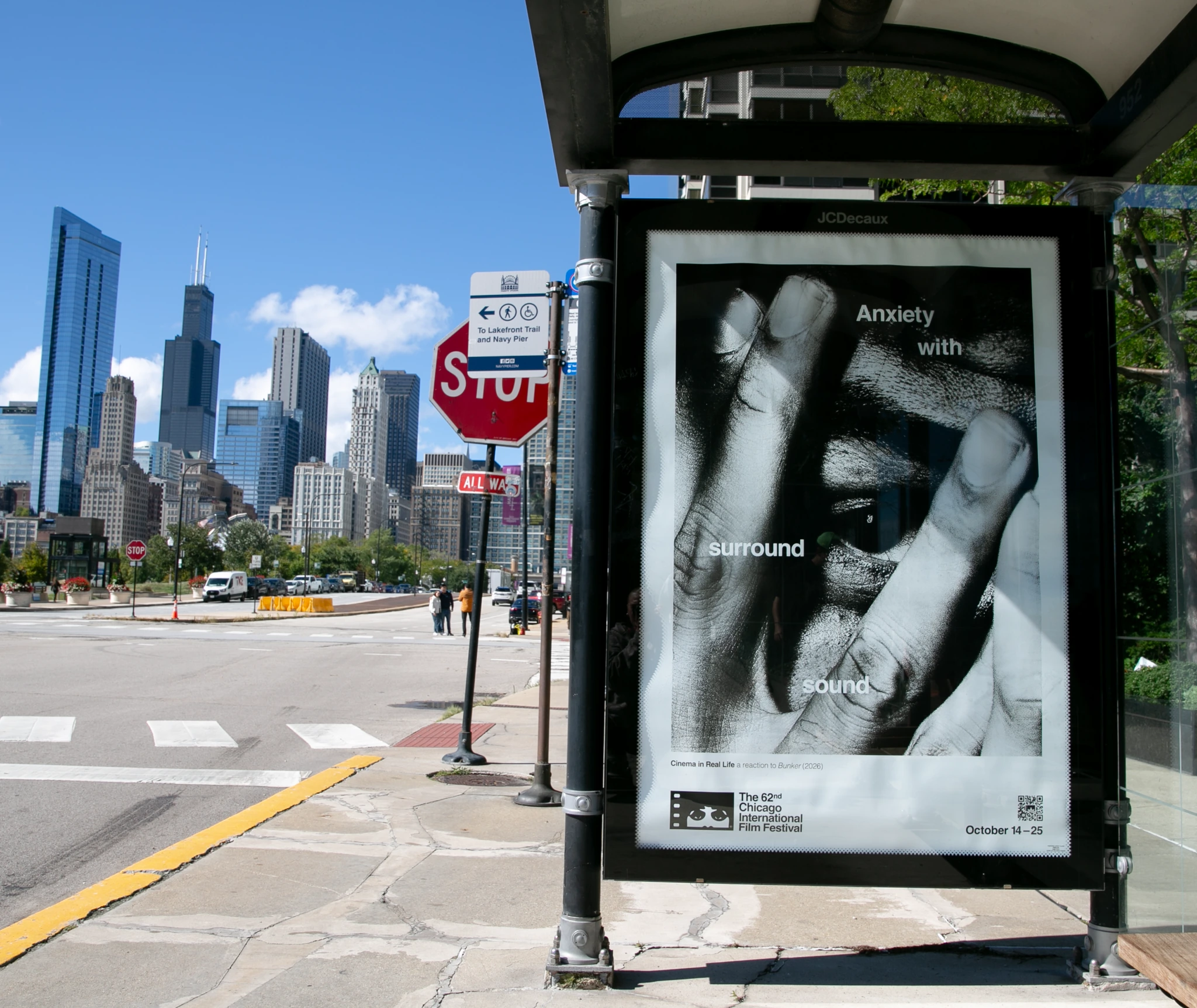 Chicago International Film Festival bus shelter poster reading Anxiety with surround sound.
