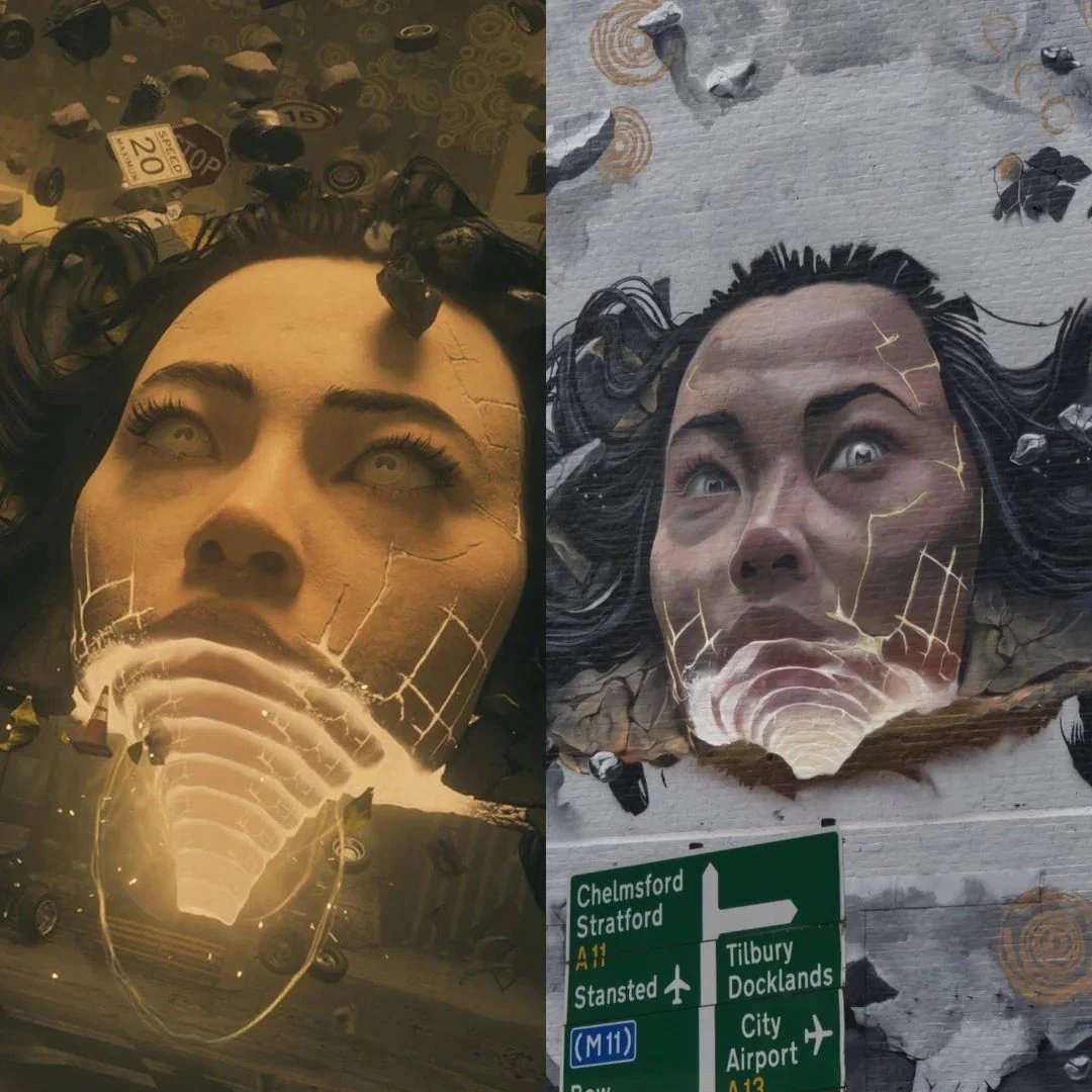 Split image comparing Control Resonant character artwork with a finished London street mural showing a woman's face breaking through a wall surrounded by debris and circular symbols.