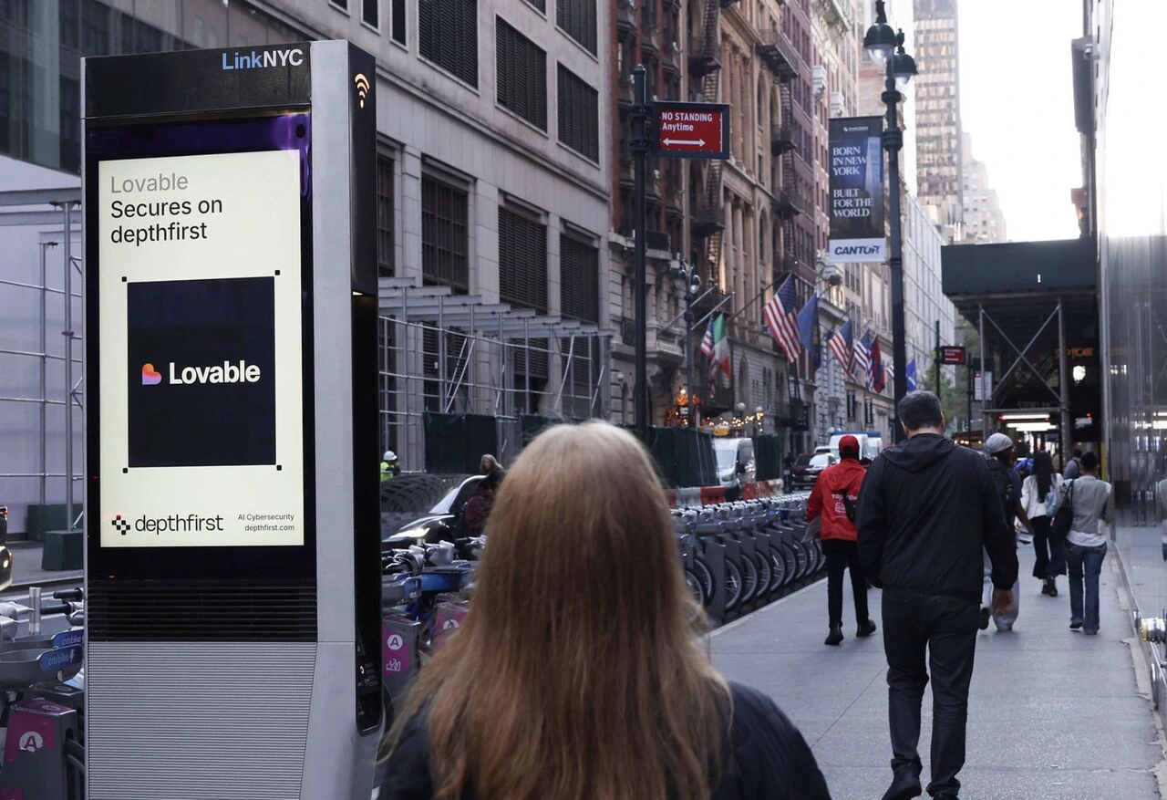 depthfirst LinkNYC street kiosk advertisement in Manhattan featuring the Lovable logo and the line Lovable Secures on depthfirst.