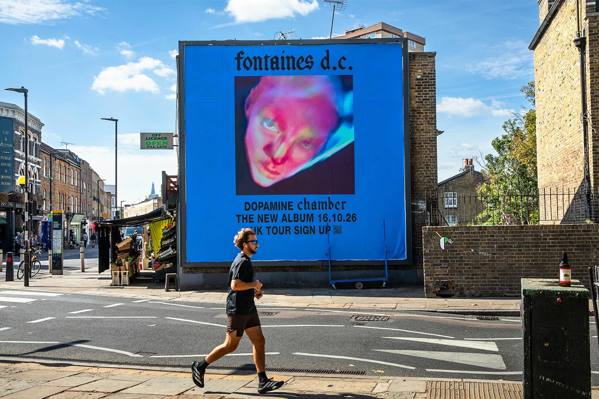 Fontaines D.C. Dopamine Chamber large-format poster near Broadway Market in London.