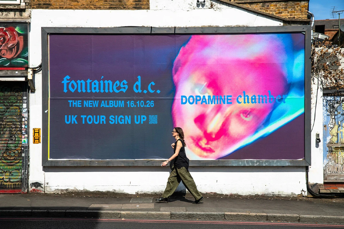 Fontaines D.C. Dopamine Chamber billboard in London promoting the new album and UK tour sign-up.