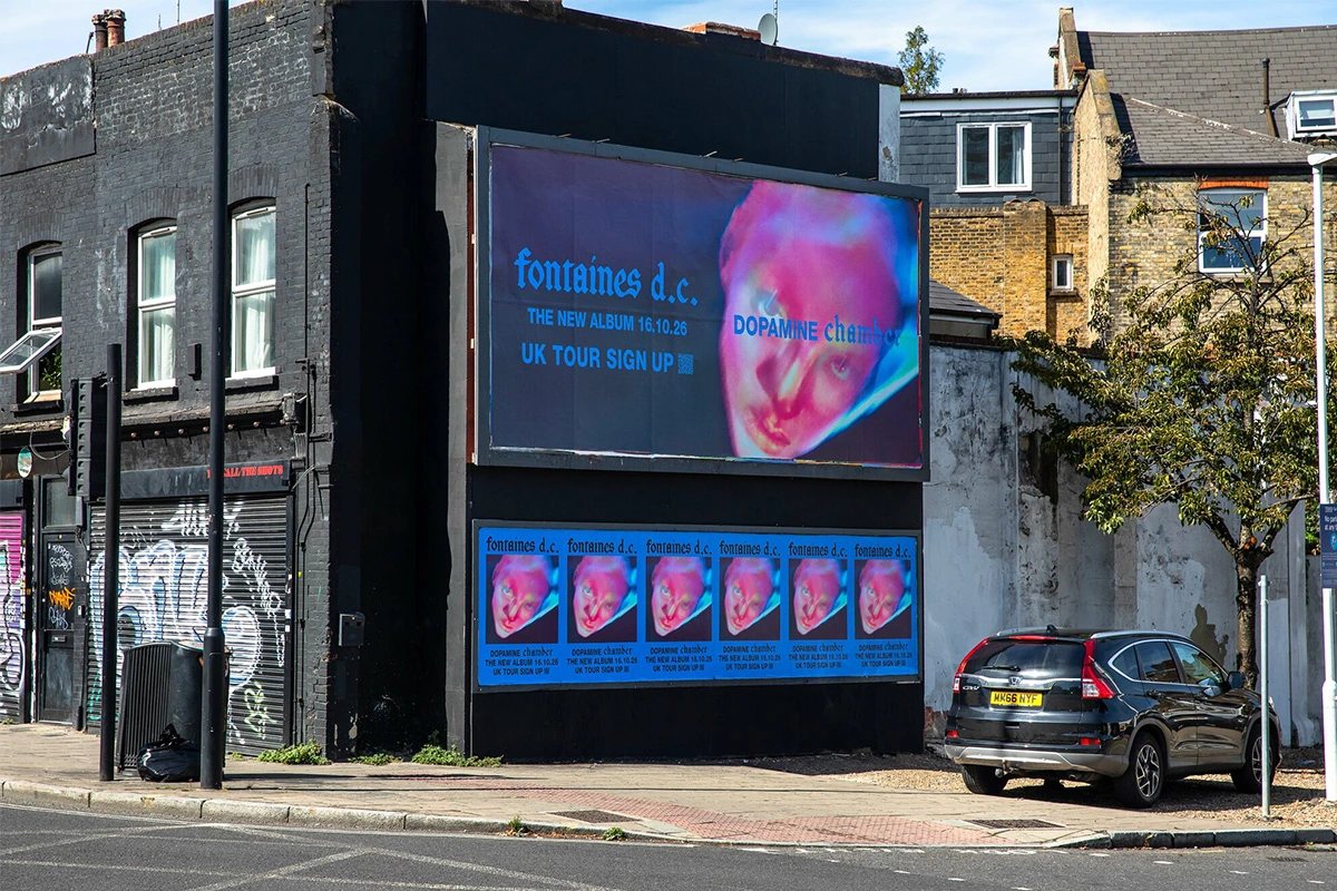 Fontaines D.C. Dopamine Chamber billboard and repeated poster takeover at 1 Quaker Street in London.