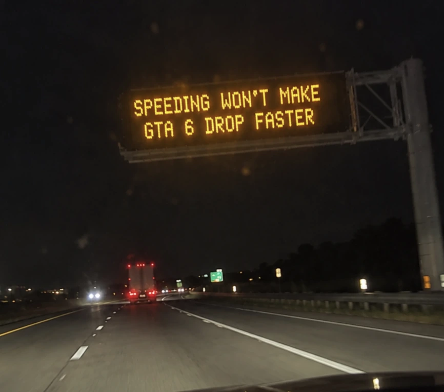 Miami traffic sign reading Speeding won’t make GTA 6 drop faster.