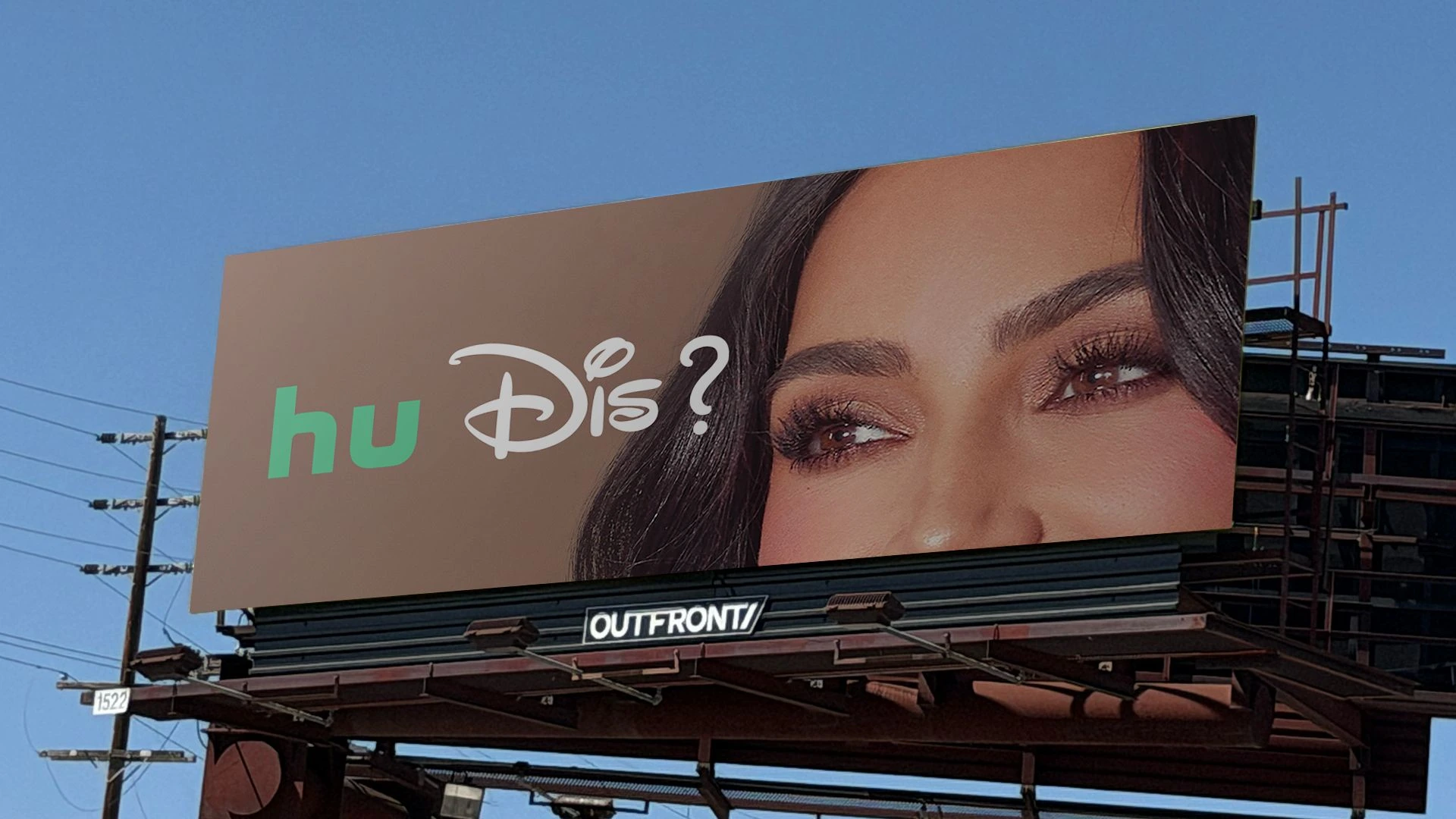 Hulu and Disney+ hu Dis billboard featuring a close cropped female face and the combined streaming brand message.