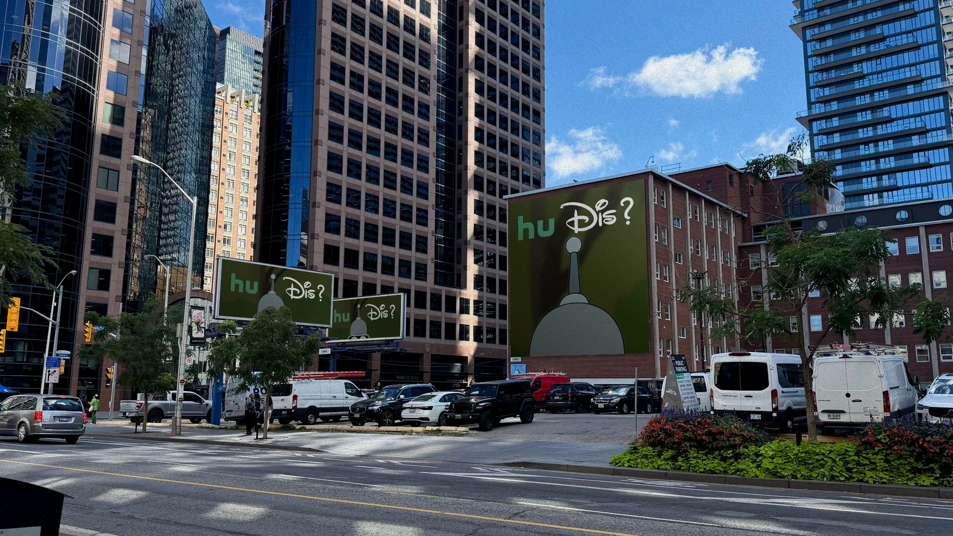 Multiple Hulu and Disney+ hu Dis billboards displayed together in a dense downtown streetscape.