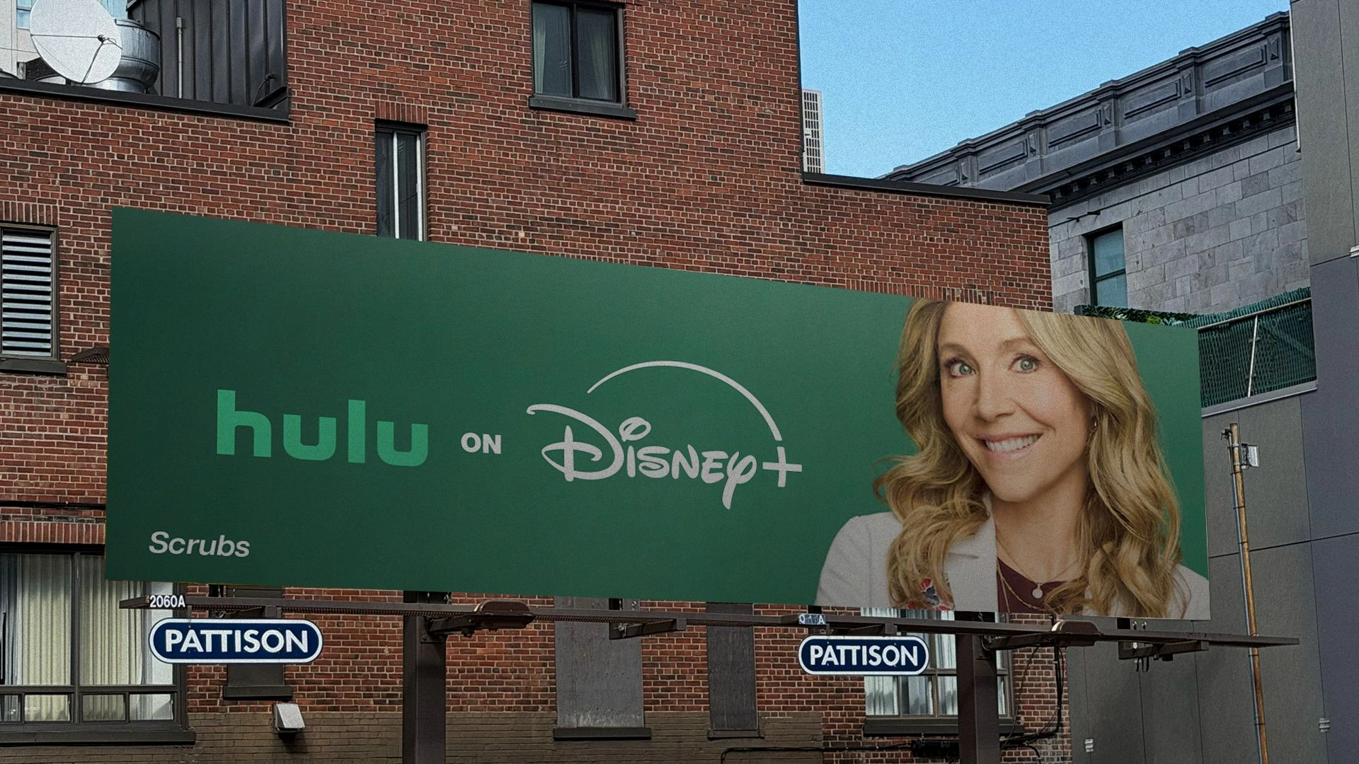 Hulu on Disney+ billboard promoting Scrubs with green Hulu and white Disney+ branding.