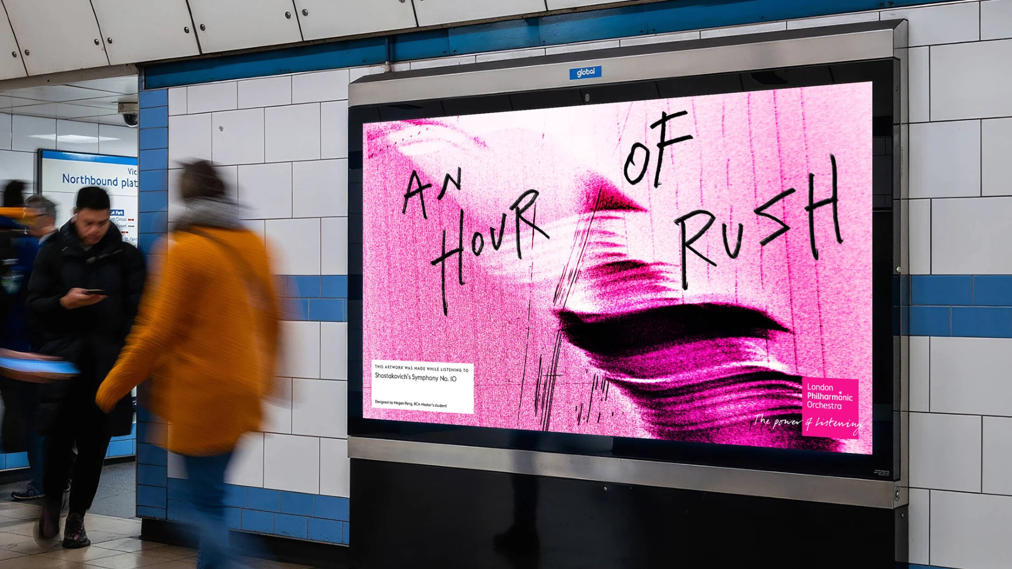 The Power of Listening digital OOH advertisement for the London Philharmonic Orchestra in a London Underground station, featuring a vivid pink artwork and the handwritten phrase An Hour of Rush.