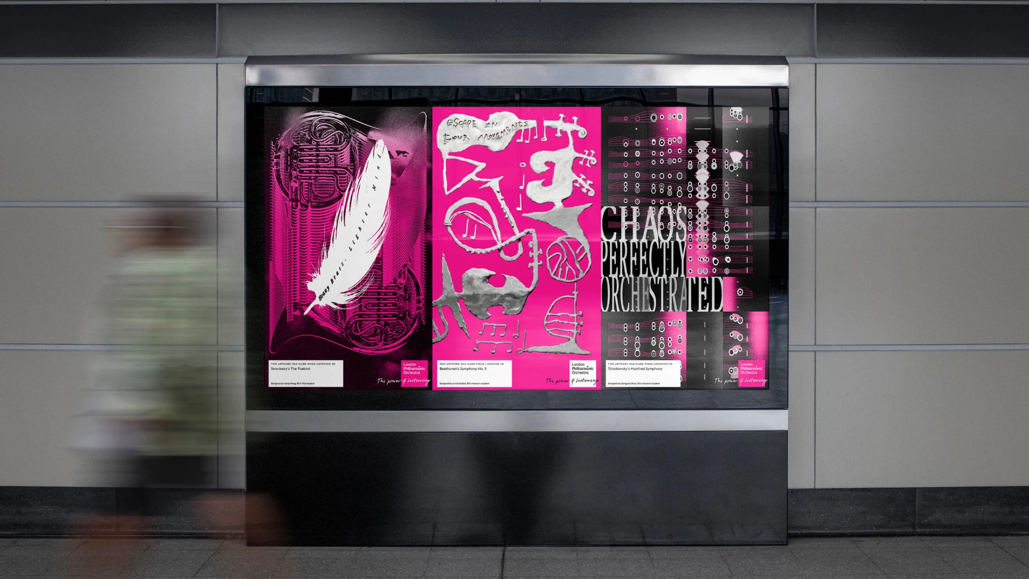 London Philharmonic Orchestra The Power of Listening campaign displayed on a London digital outdoor screen, featuring vivid pink artworks created in response to orchestral music.