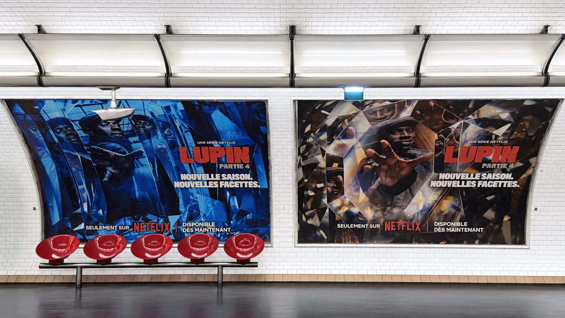 Two large Lupin Part 4 posters in a Metro station using blue and mirrored jewel facets with the line New season, new facets.