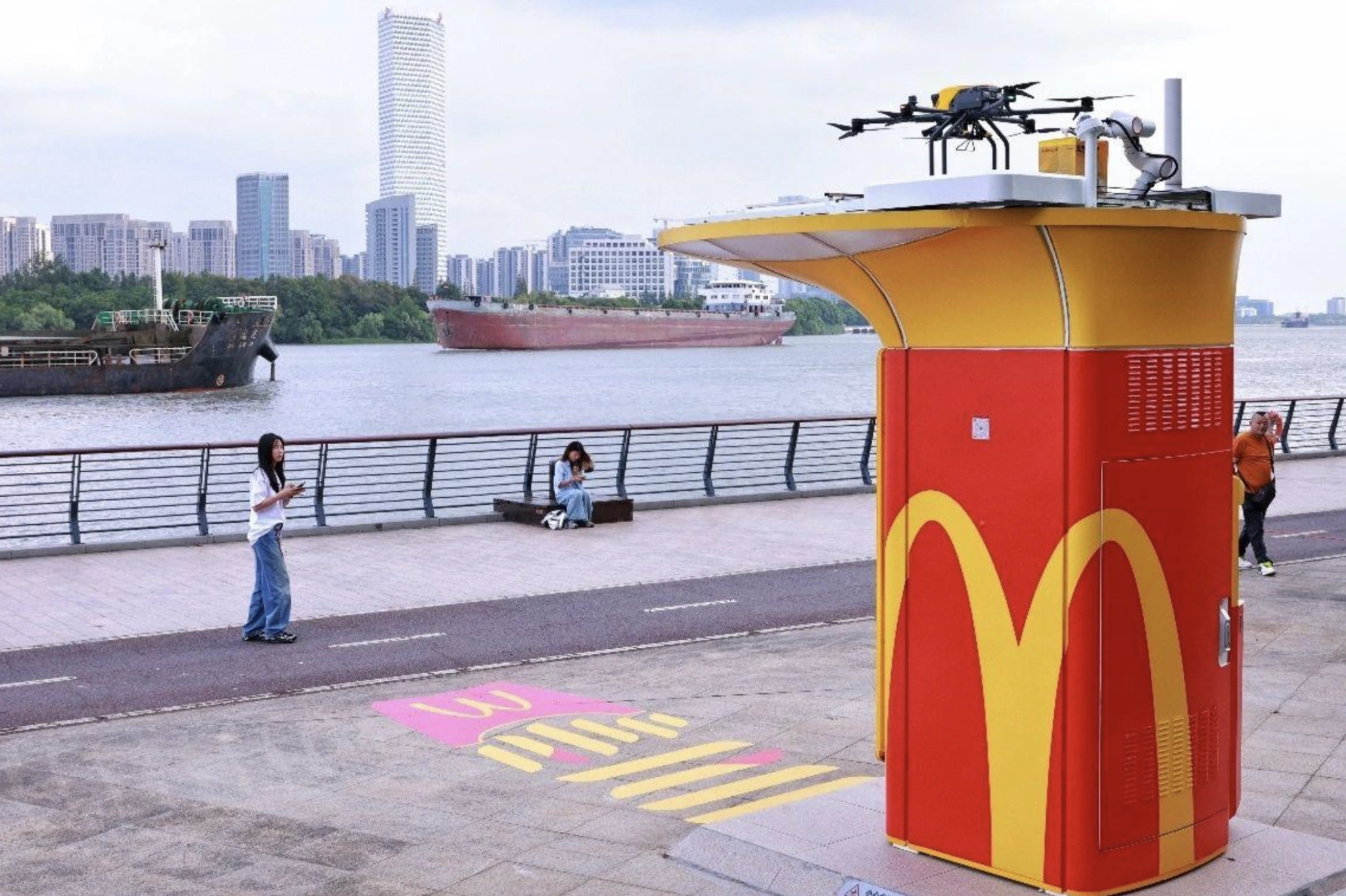 McDonald’s branded drone delivery kiosk on Shanghai’s West Bund waterfront.