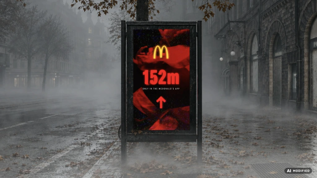 McDonald’s Sweden Paranormal Deals digital out-of-home creative showing a spooky red Halloween visual and the message 152m to a former restaurant location.