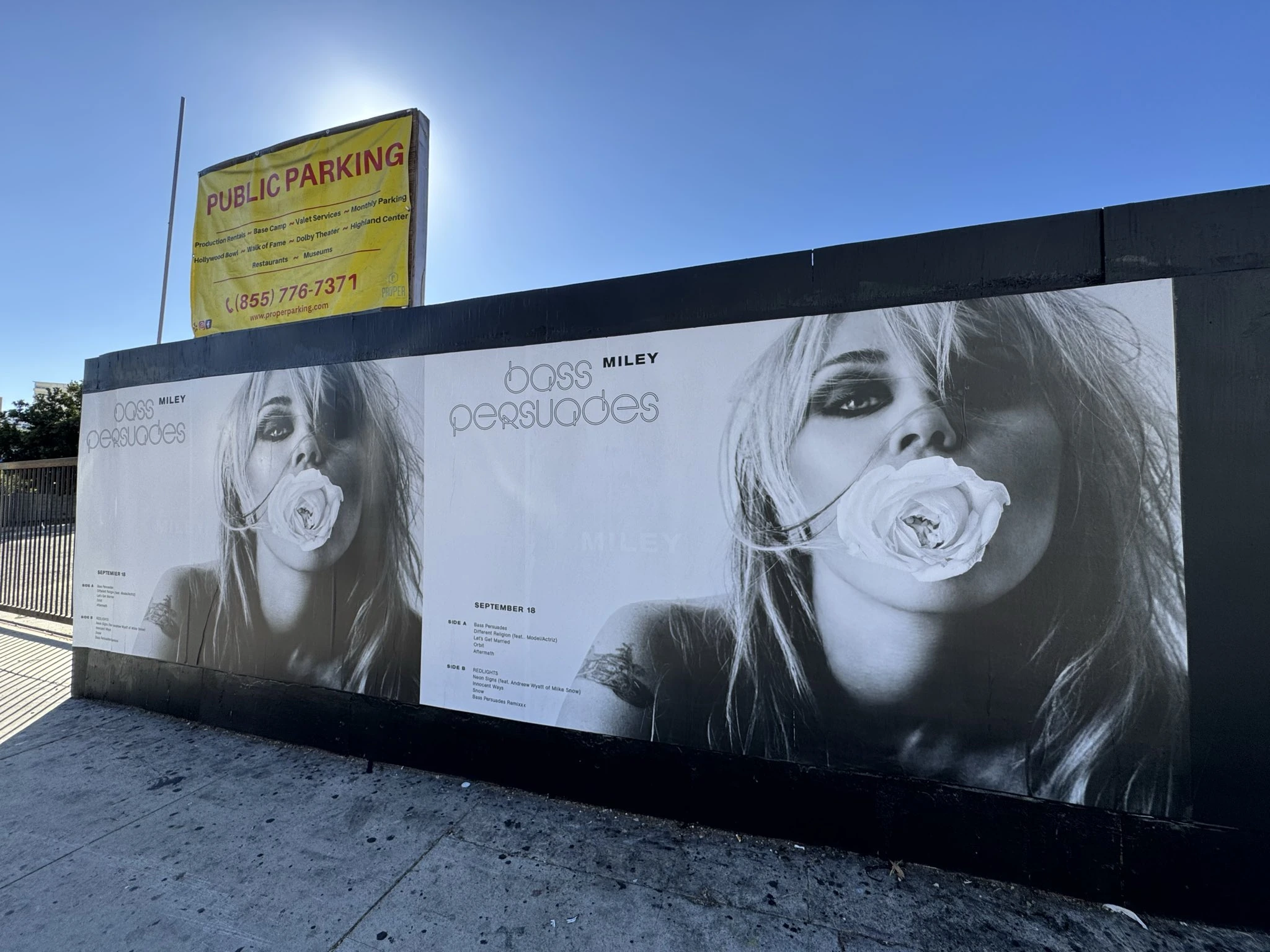 Miley Cyrus Bass Persuades wildposting wall in Hollywood with repeated black-and-white rose portraits.