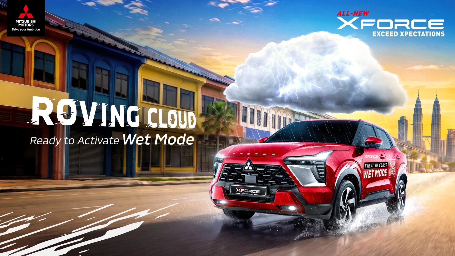 Mitsubishi Xforce Roving Cloud campaign artwork promoting Wet Mode for Southeast Asian rain conditions.