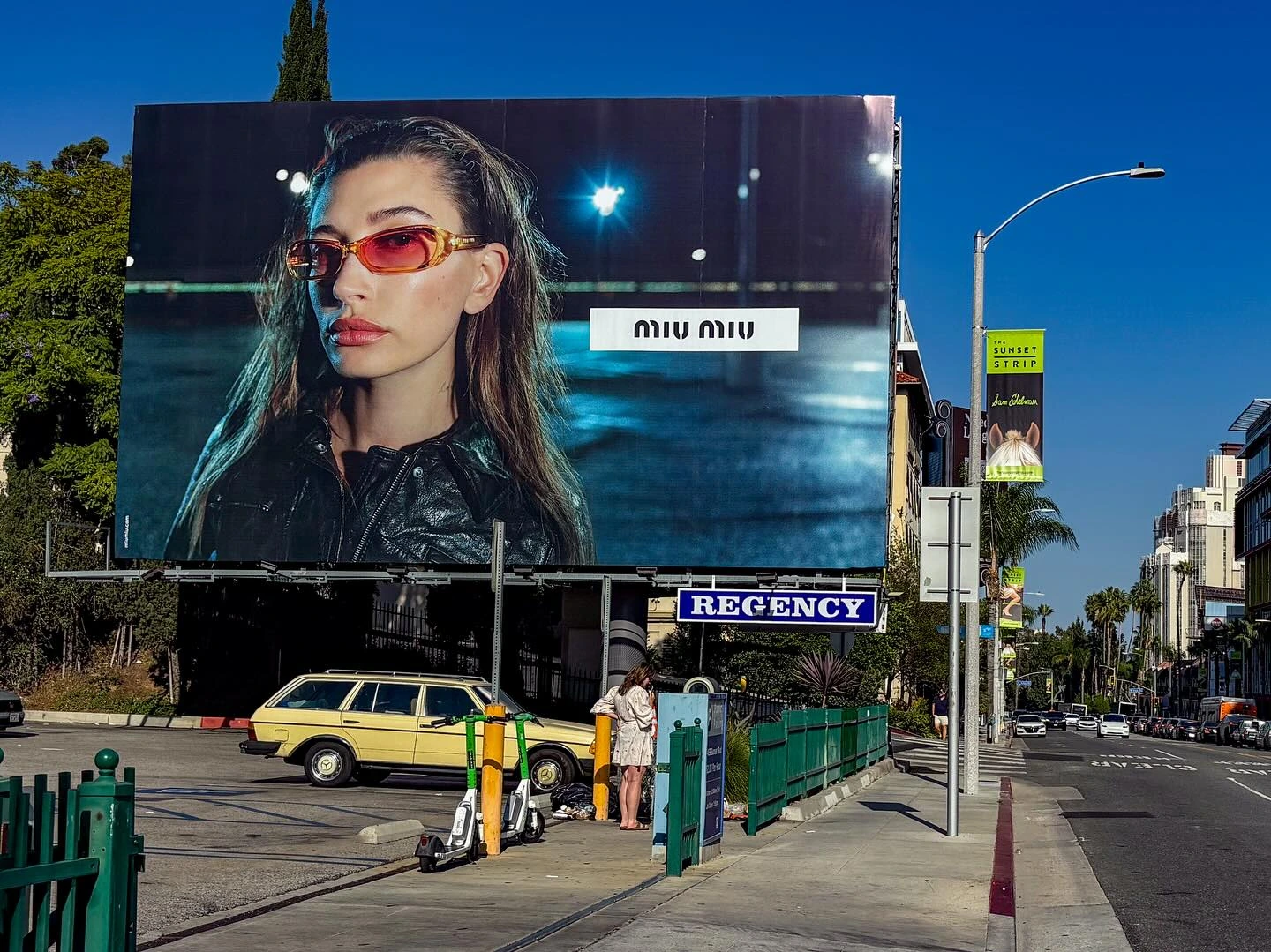 Close view of a Miu Miu billboard near the Regency venue on the Sunset Strip in Los Angeles.