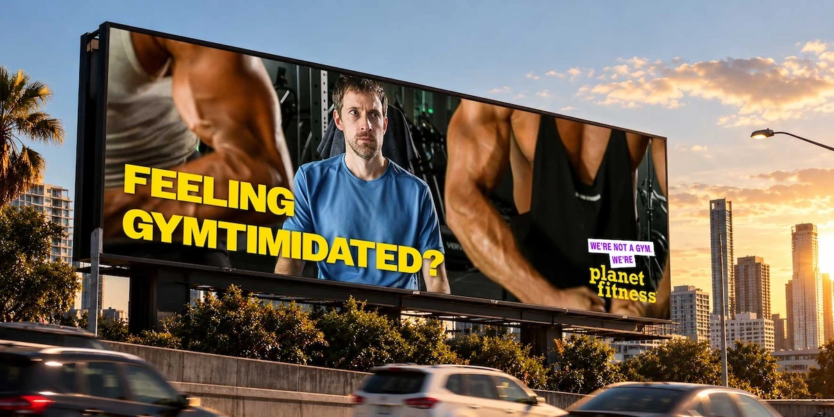 Large Planet Fitness billboard asking Feeling Gymtimidated with exaggerated muscular gym-goers surrounding an uncomfortable man.