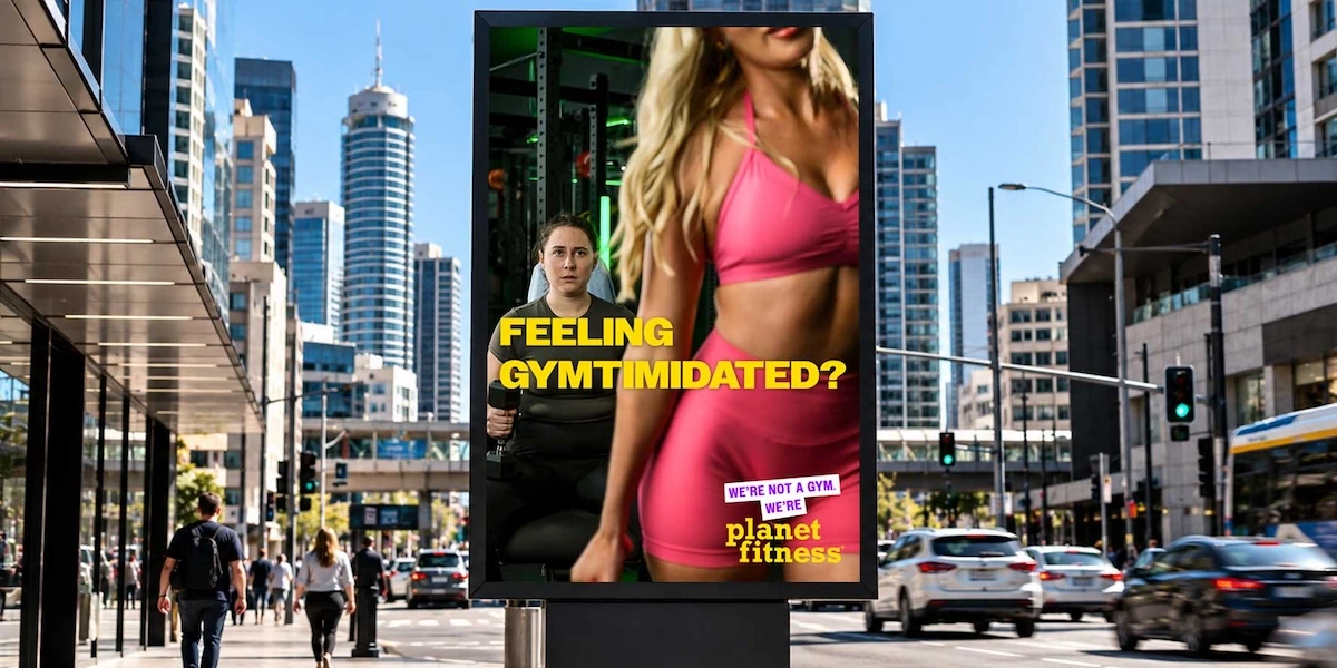 Planet Fitness street-level OOH campaign reading Feeling Gymtimidated with contrasting gym personalities.