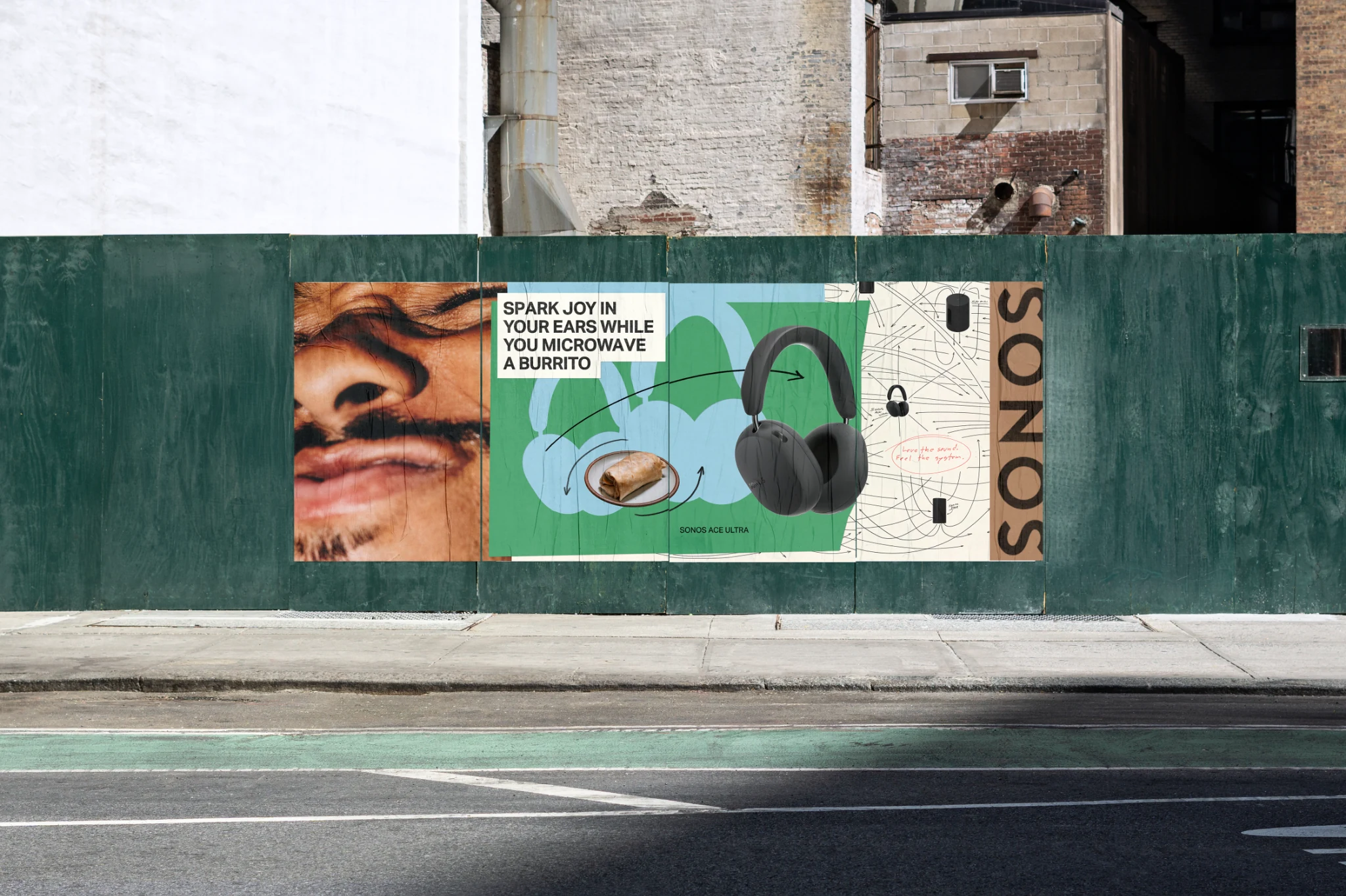 Sonos Ace Ultra street poster in New York showing black over-ear headphones, a burrito and the headline Spark joy in your ears while you microwave a burrito.