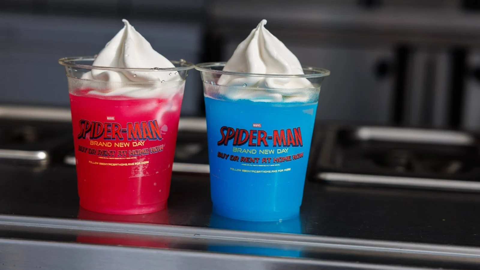 Red and blue Spider-Man branded ice cream spider drinks served at the Circular Quay activation.