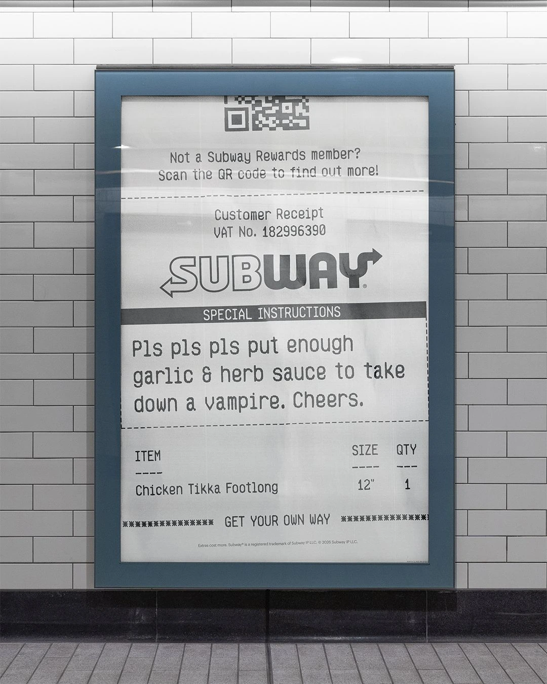 Subway receipt-style poster with humorous garlic and herb sauce special instructions for a Chicken Tikka Footlong.
