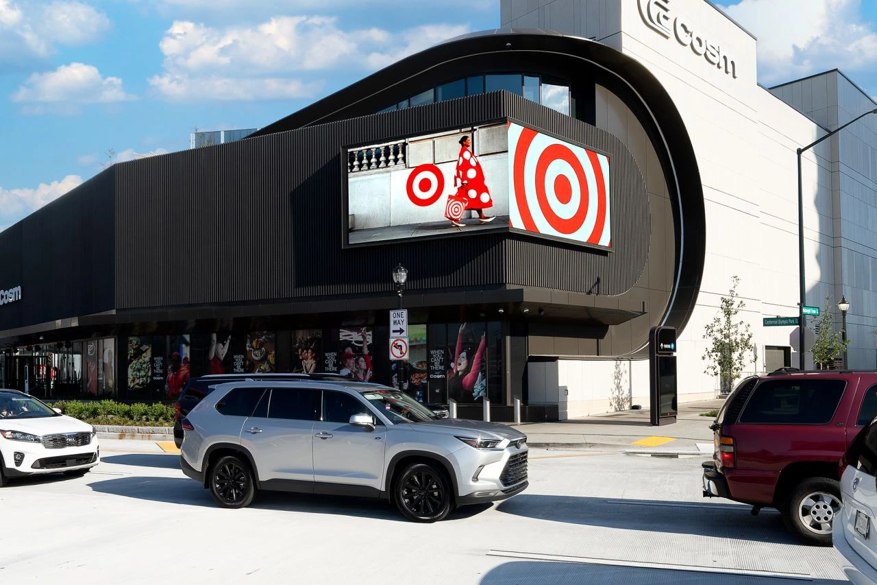 Target digital OOH creative displayed on a curved urban screen in Atlanta.