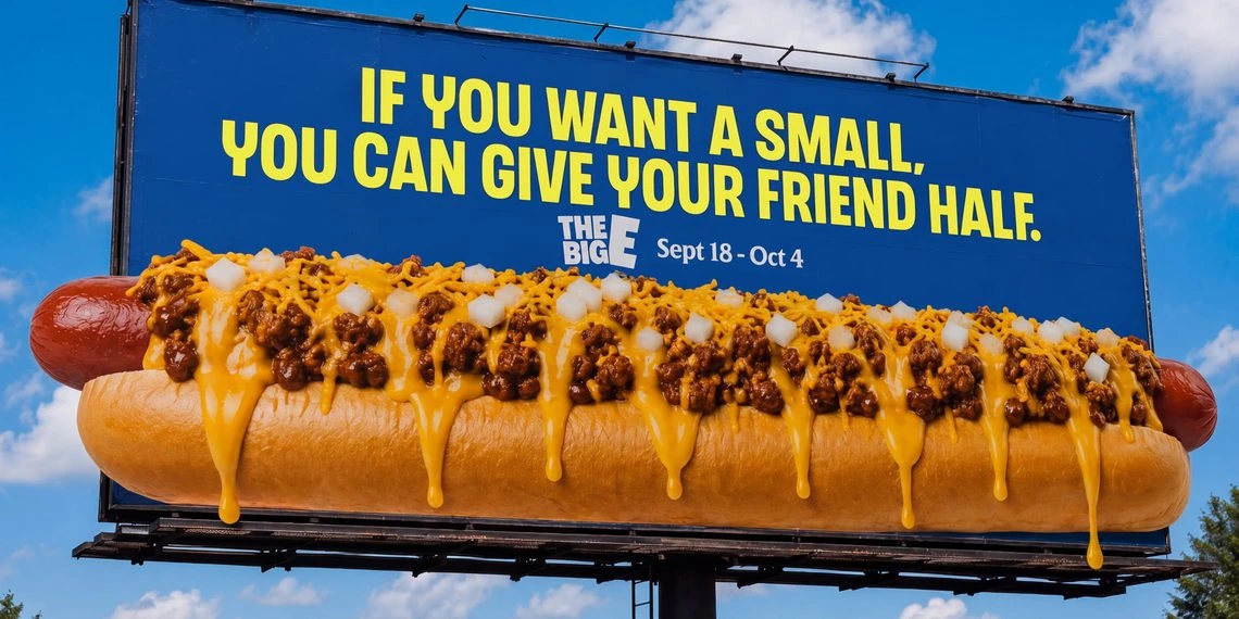 Large billboard for The Big E featuring an oversized chili dog topped with cheese and onions, paired with the headline If you want a small, you can give your friend half.