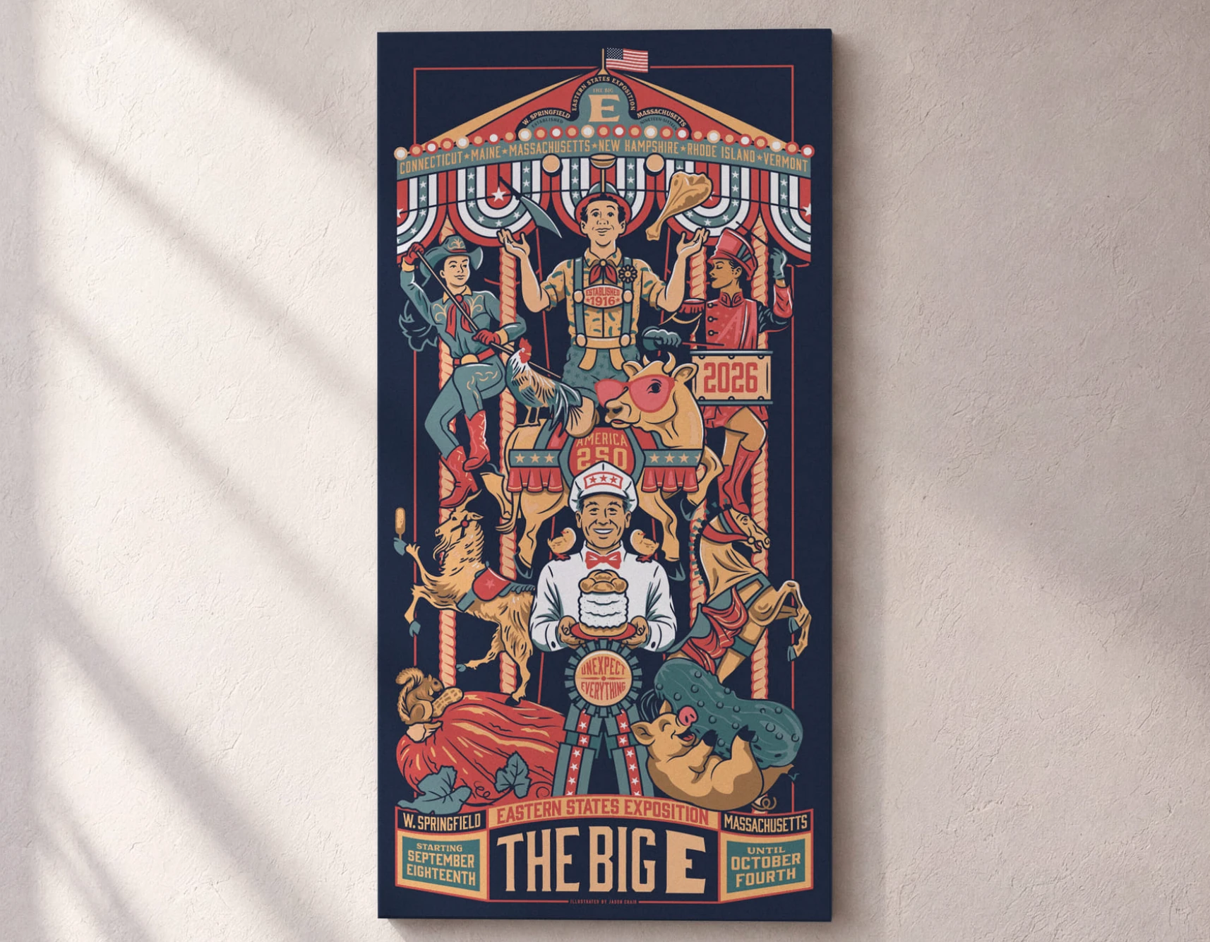 Illustrated poster for The Big E in West Springfield, Massachusetts, featuring patriotic fair imagery, carousel animals, food, agriculture and the headline The Big E.