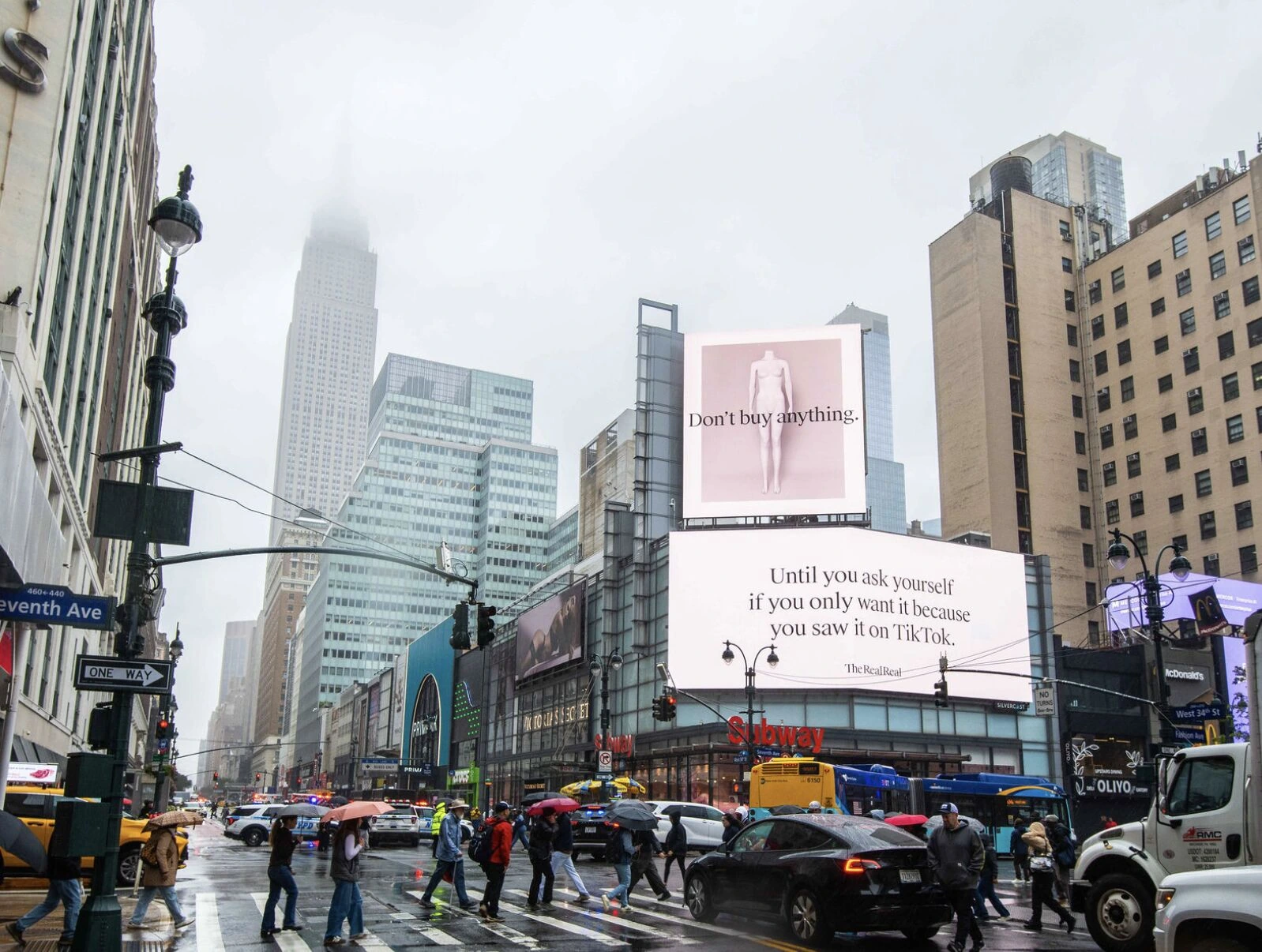 The RealReal New York billboard reading Don’t buy anything until you ask yourself if you only want it because you saw it on TikTok.