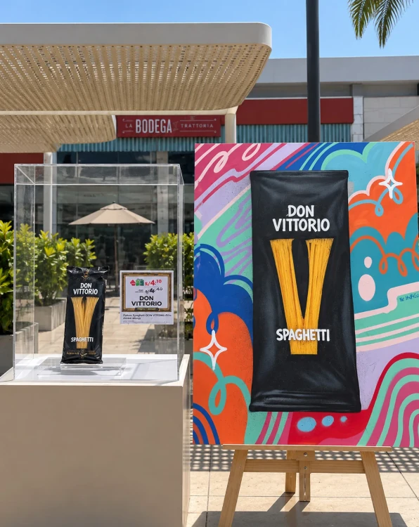 Tottus El Arte de Ahorrar installation featuring Don Vittorio spaghetti displayed as a promotional product and reinterpreted as a colorful artwork at Megaplaza Independencia.