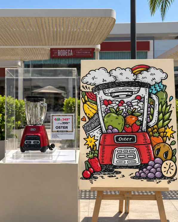 Tottus El Arte de Ahorrar activation featuring an Oster blender displayed as a product artwork alongside an illustrated art piece at Megaplaza Independencia.