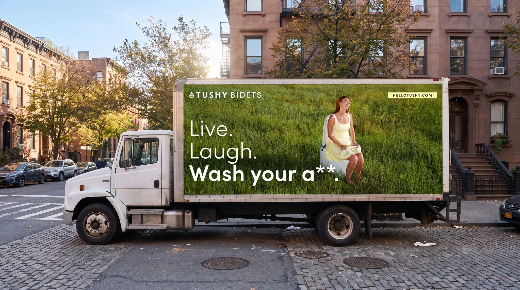 TUSHY mobile OOH truck in New York reading Live. Laugh. Wash your ass.
