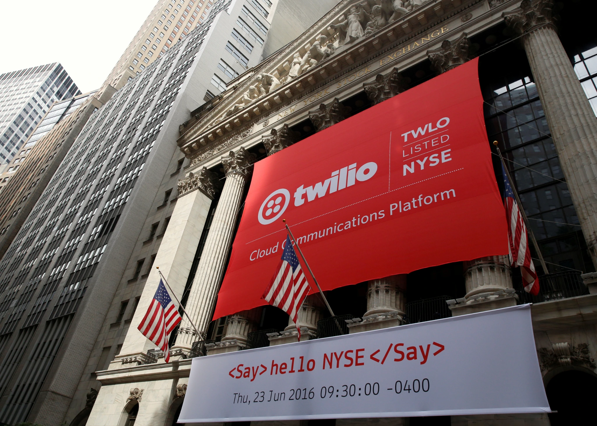 Historic Twilio branding displayed across the New York Stock Exchange facade for the company's NYSE listing.