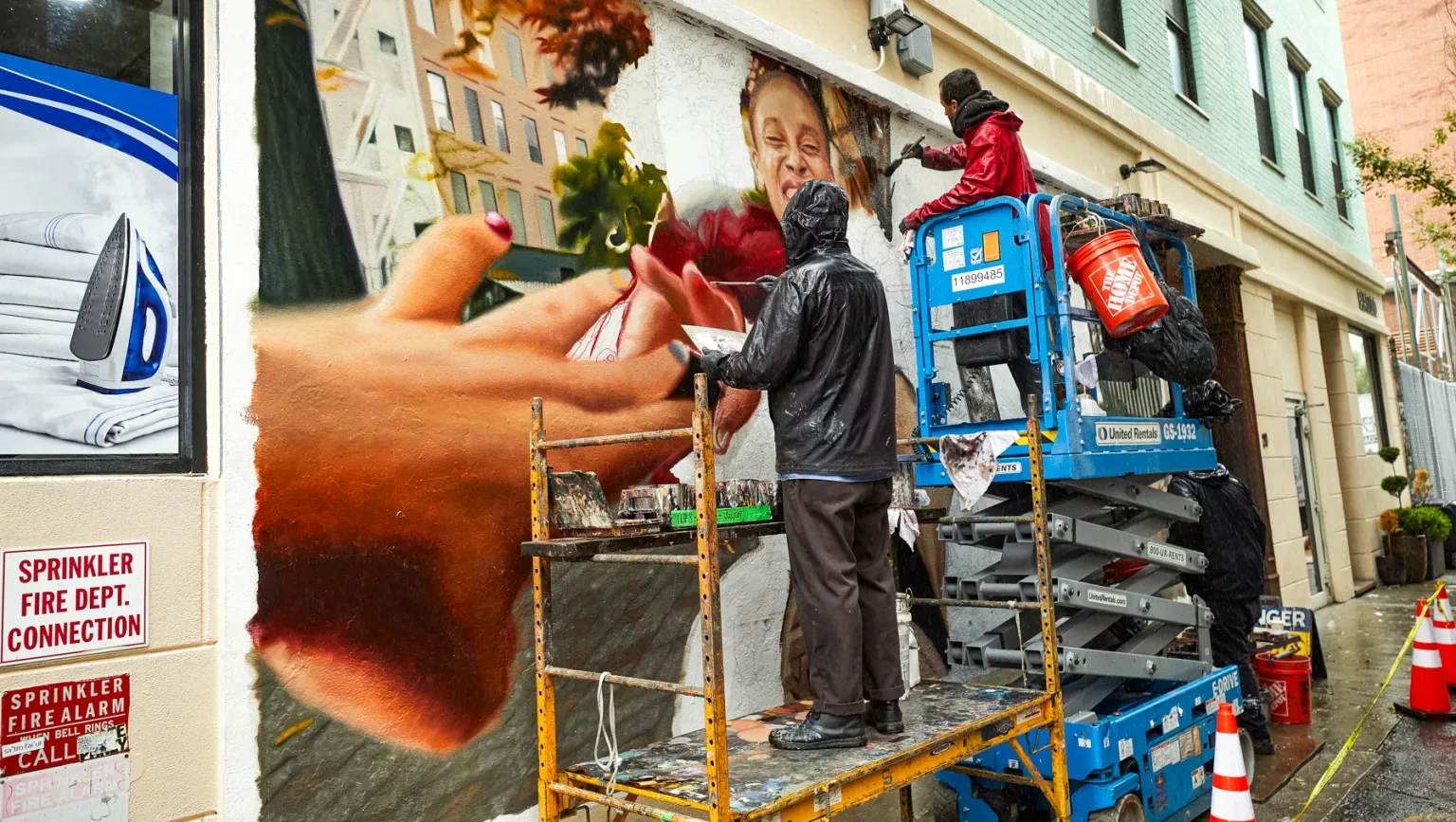 Artists hand-painting a large UGG campaign mural on a New York wall.
