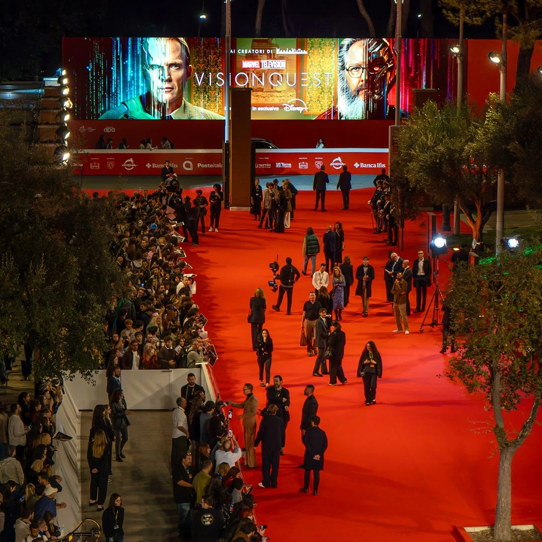 VisionQuest Maxi Ledwall overlooking the Rome Film Festival red carpet at night.