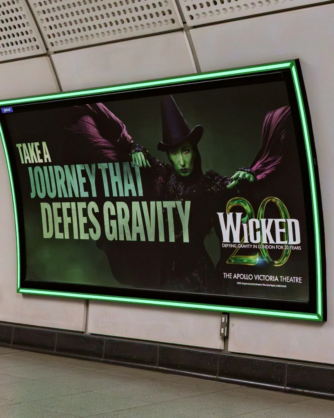 Wicked London Tube poster featuring Elphaba and the line Take a journey that defies gravity.